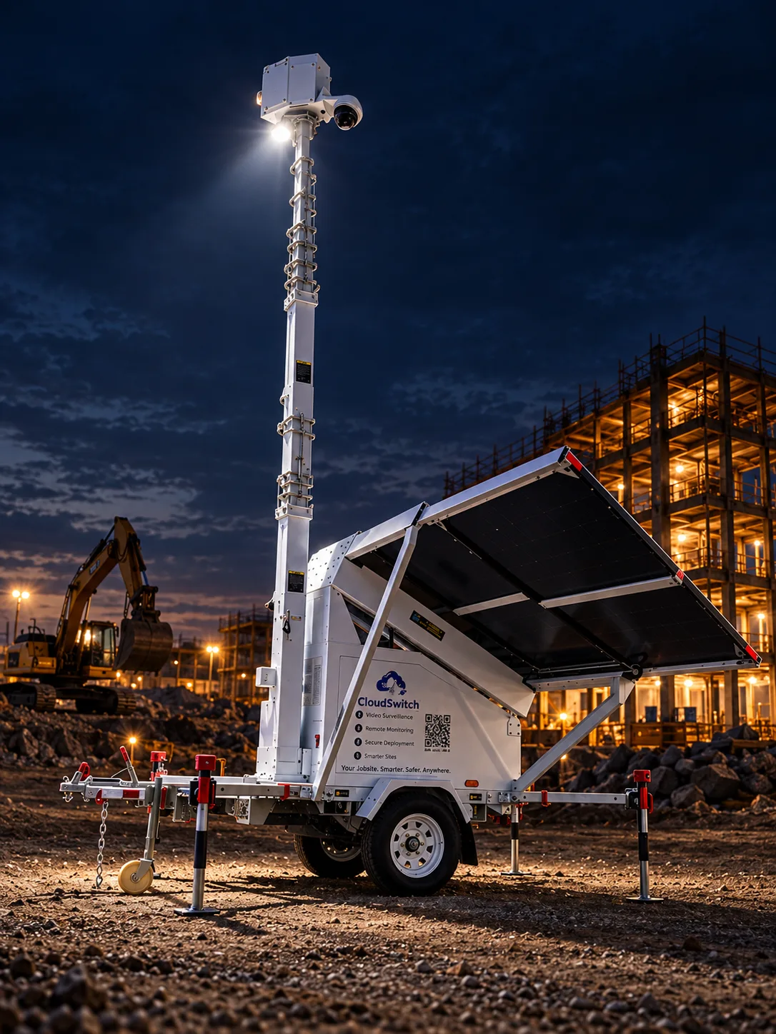 CloudSwitch surveillance tower operating beside a construction site at night.