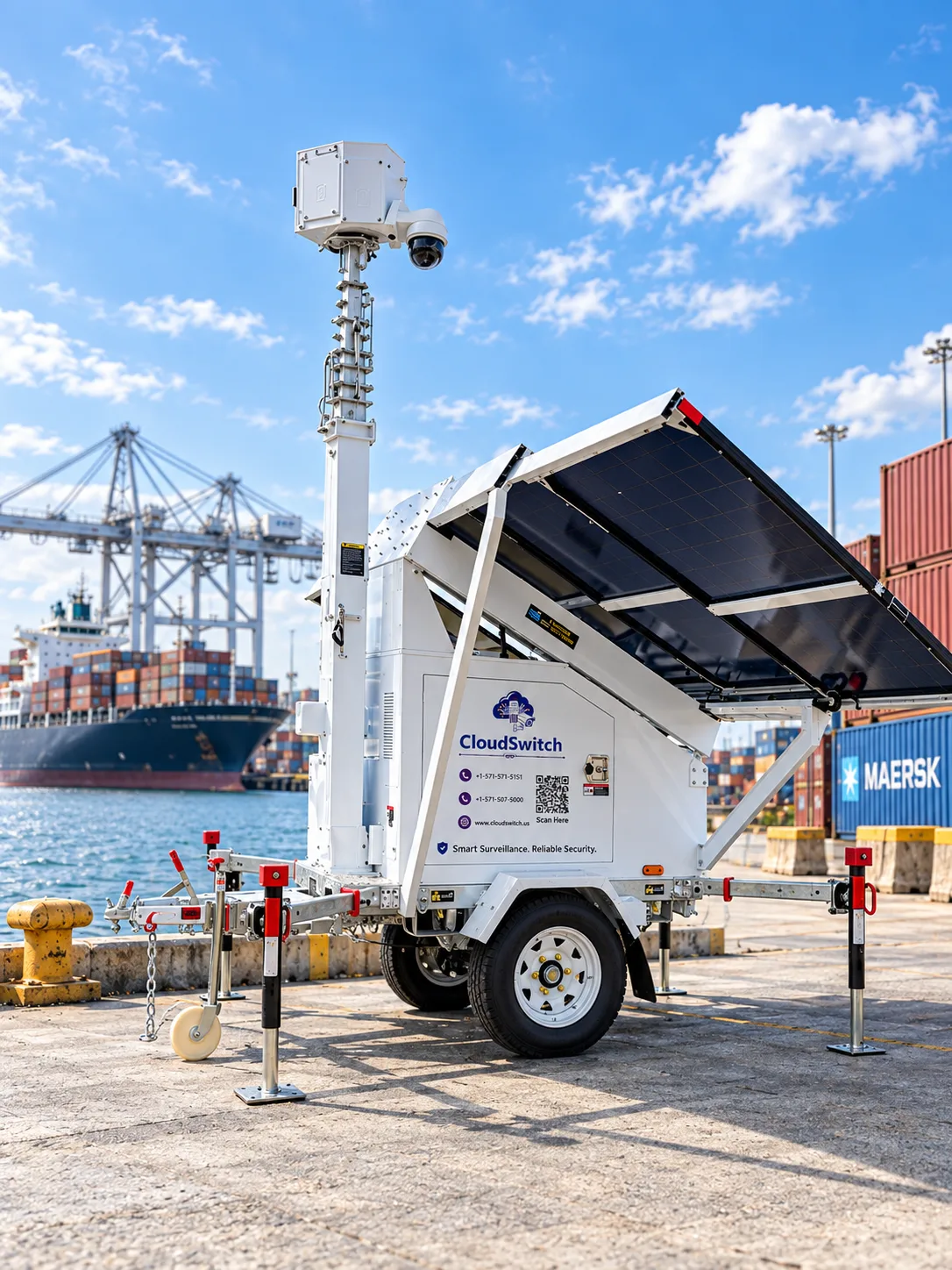 CloudSwitch surveillance tower deployed at a container port.