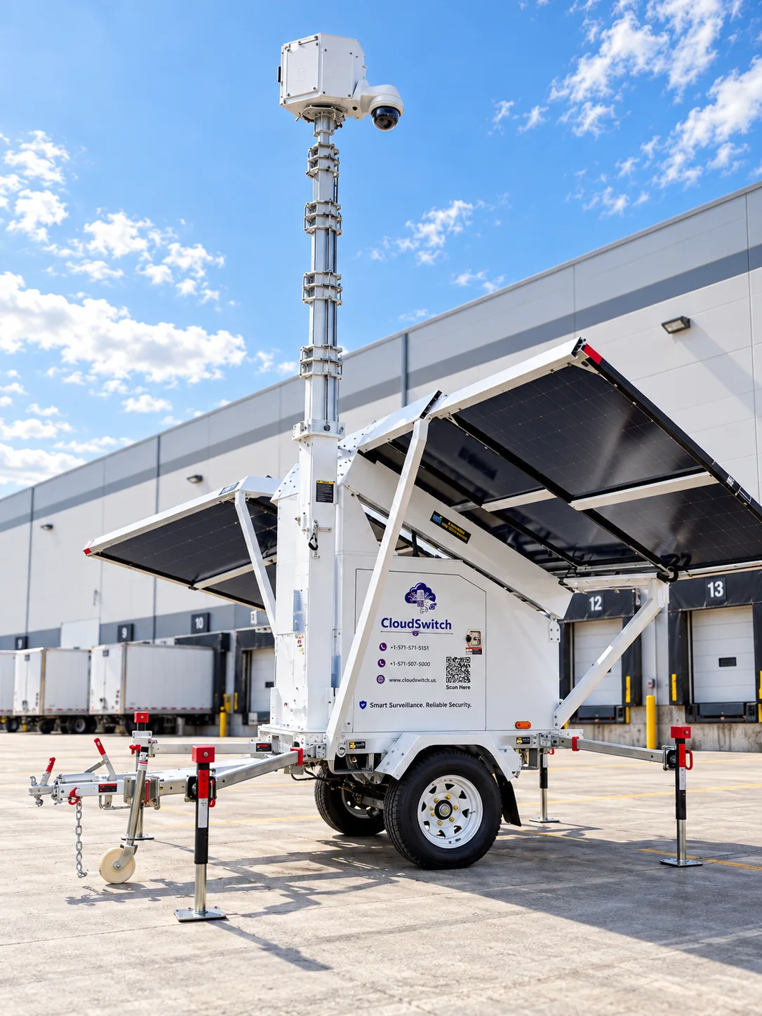 CloudSwitch surveillance tower deployed at a warehouse loading dock.
